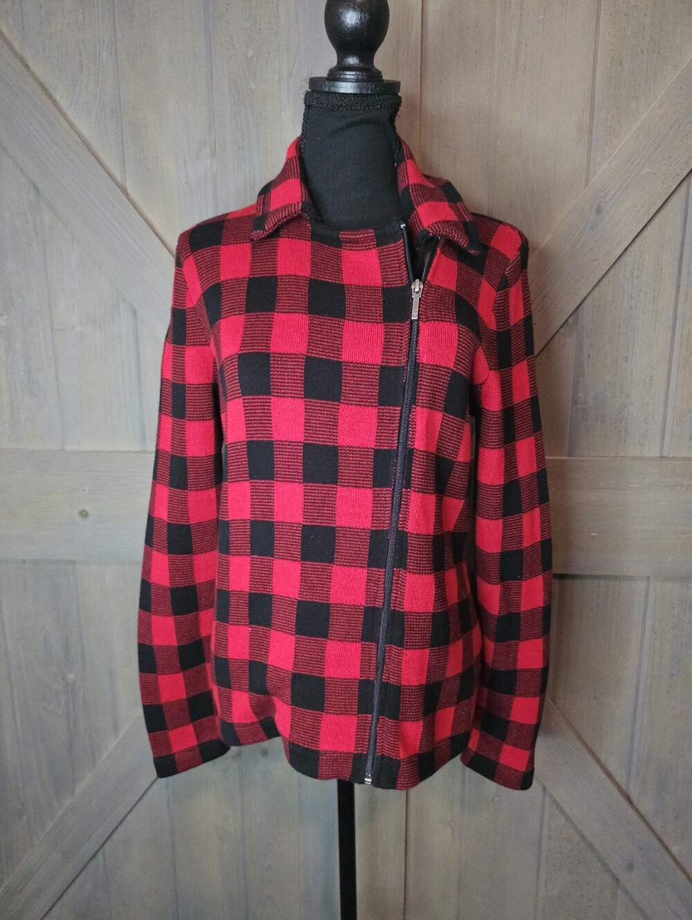 Chaps Red and Black Buffalo Plaid Asymmetrical Zip Moto Sweater sz Medium